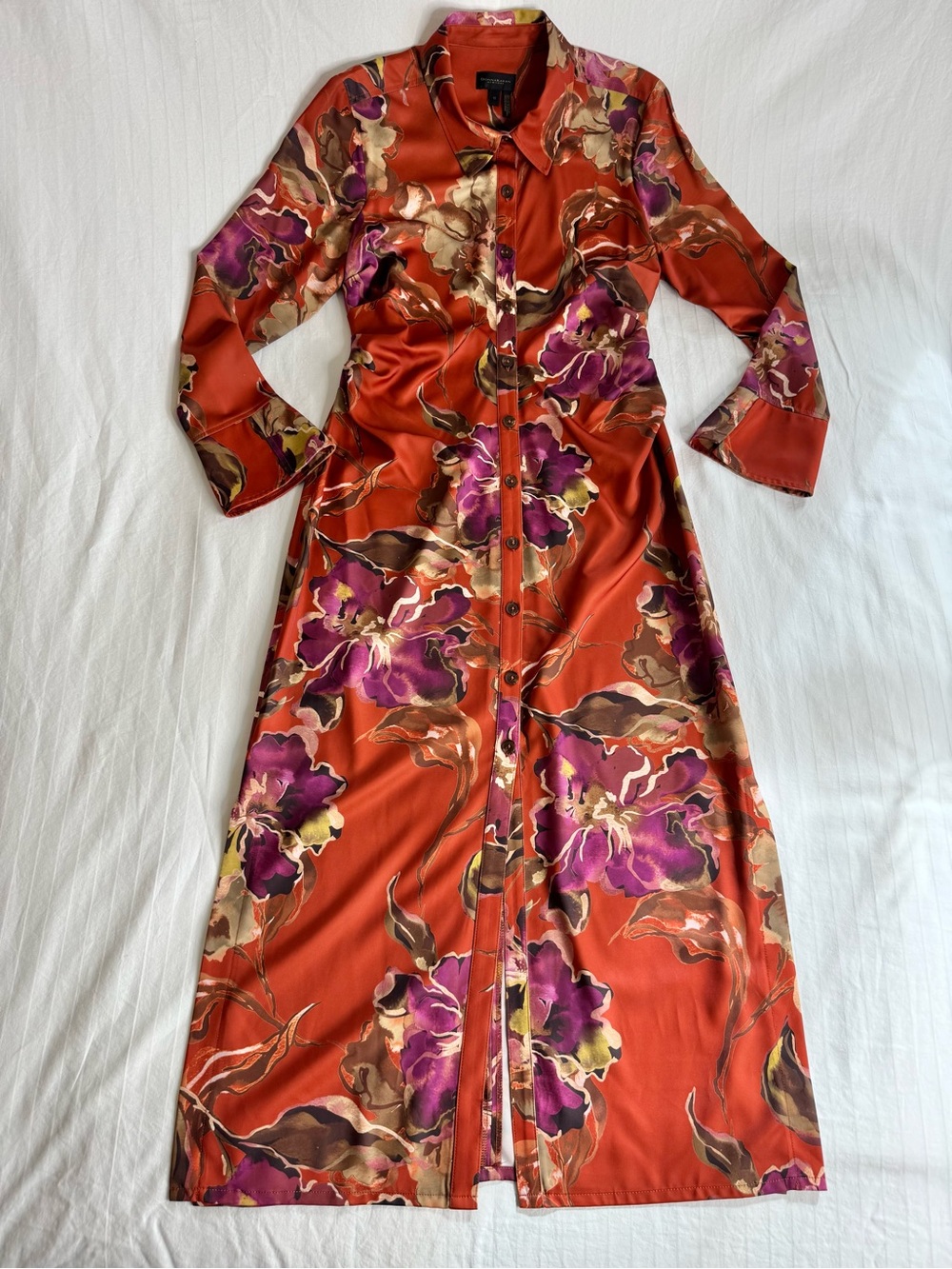 Donna Karan Rust Maxi Shirt Dress with Purple Floral Print